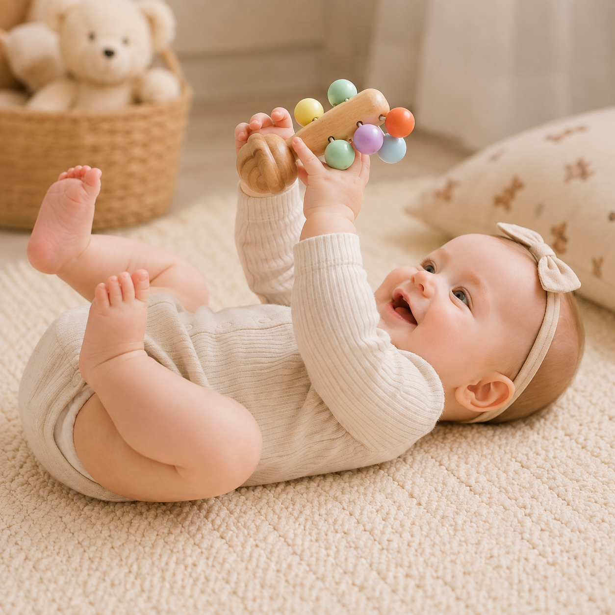 Bébé souriant découvrant des hochets en bois naturels favorisant l'éveil, la préhension et le développement sensoriel