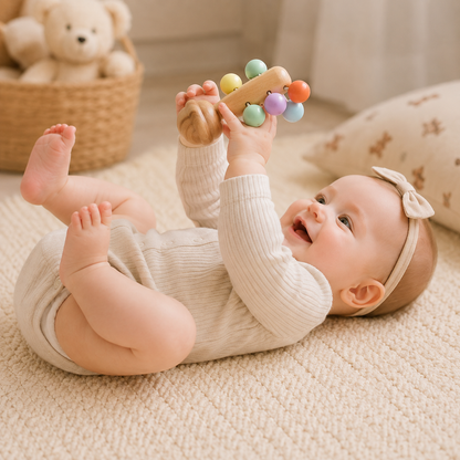Bébé souriant découvrant des hochets en bois naturels favorisant l'éveil, la préhension et le développement sensoriel