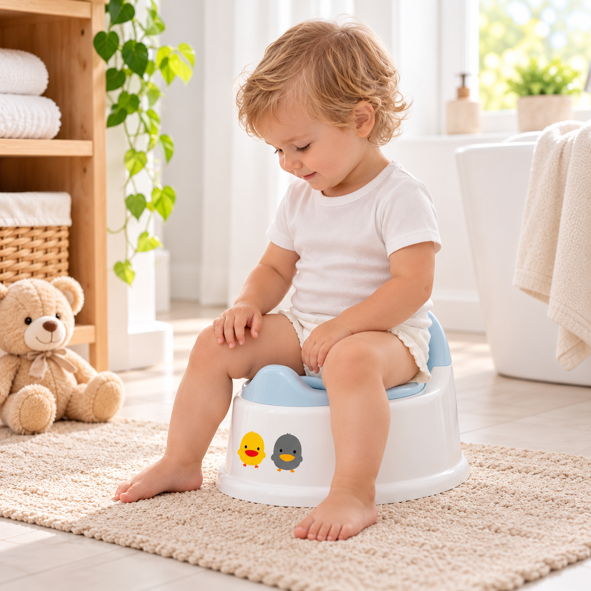 Jeune enfant assis sur un pot d’apprentissage bleu et blanc avec motifs de poussins, dans une salle de bain lumineuse.