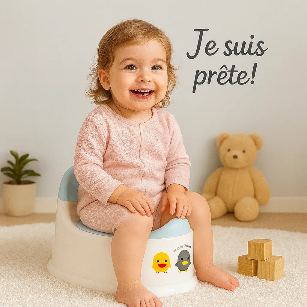 Petite fille sur pot toilette bébé phrase Je suis prête