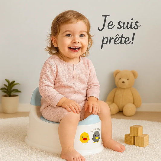 Petite fille sur pot toilette bébé phrase Je suis prête