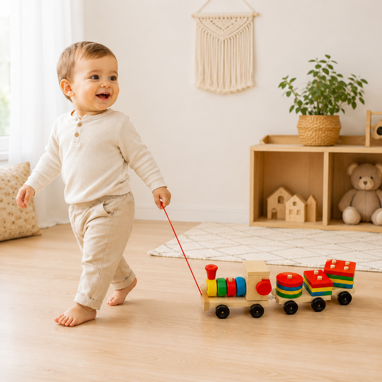 Bébé marchant en tirant un petit train en bois avec une corde pour développer la motricité, l'équilibre et la coordination.