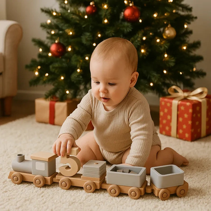 Bébé jouant avec un train éducatif en bois devant un sapin de Noël décoré et des cadeaux.