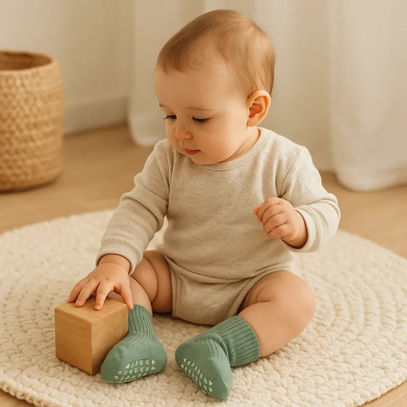 Bébé jouant sur un tapis avec chaussettes bébé vertes en coton respirant
