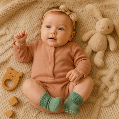 Bébé souriant avec chaussettes bébé vertes allongé sur une couverture beige