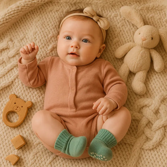Bébé souriant avec chaussettes bébé vertes allongé sur une couverture beige