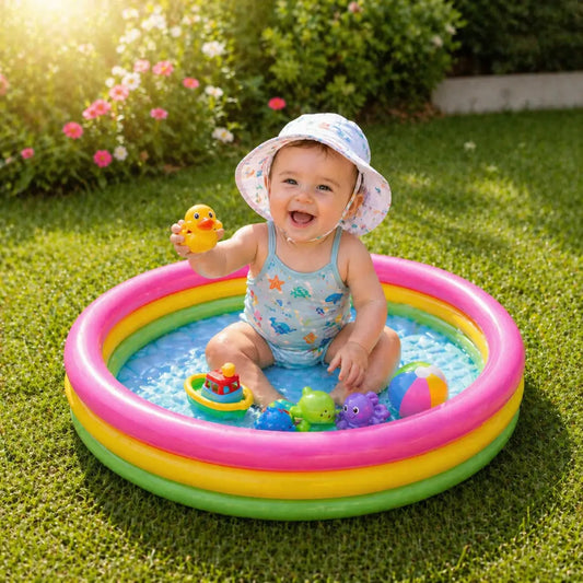 bébé avec chapeau de soleil jouant dans une piscine gonflable avec jouets colorés été extérieur