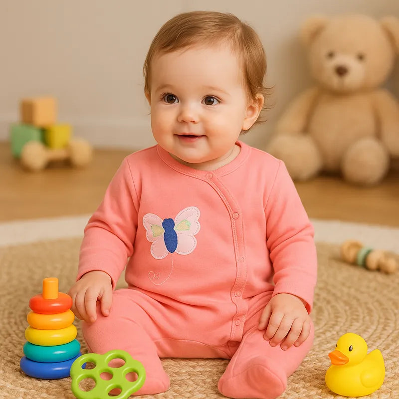 Bébé fille souriante portant un pyjama rose en coton bio motif papillon