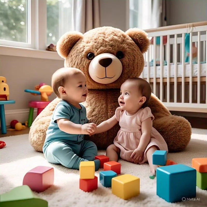 2 bébés qui jouent avec une peluche ours géante