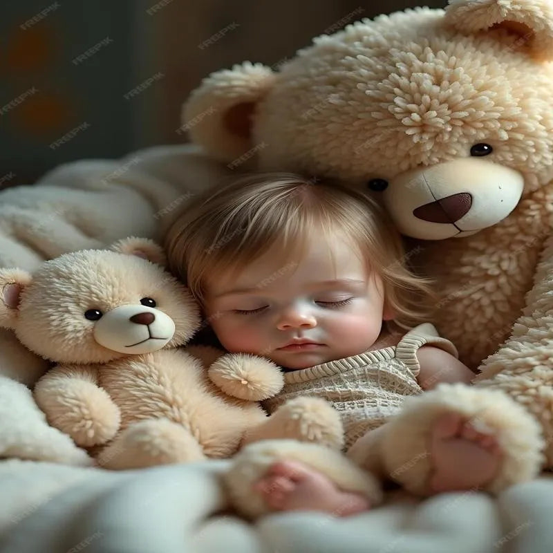 Bébé qui dort avec une peluche géante