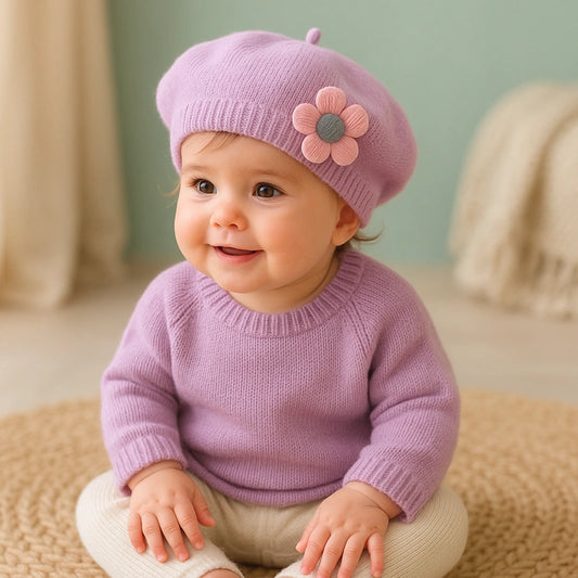 Bébé souriant assis sur un tapis, portant un béret lilas à fleur rose