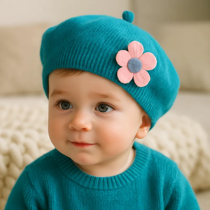 Portrait d’un bébé garçon portant un béret bleu turquoise avec fleur rose