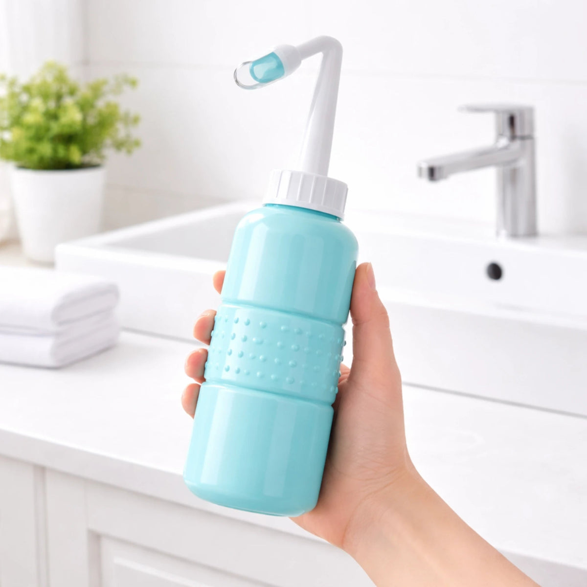 Bidet portable dans main salle de bain moderne