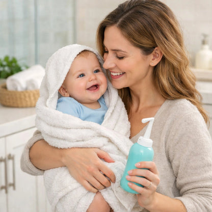 Maman tenant bébé avec bidet portable hygiène bébé