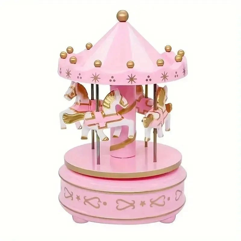 Carrousel rose musical en bois décoratif pour chambre de bébé fille.