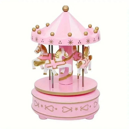 Carrousel rose musical en bois décoratif pour chambre de bébé fille.