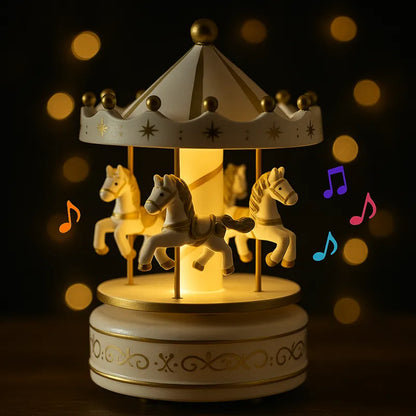 Boîte à musique carrousel illuminée, chevaux dorés, ambiance douce et féerique pour bébé.