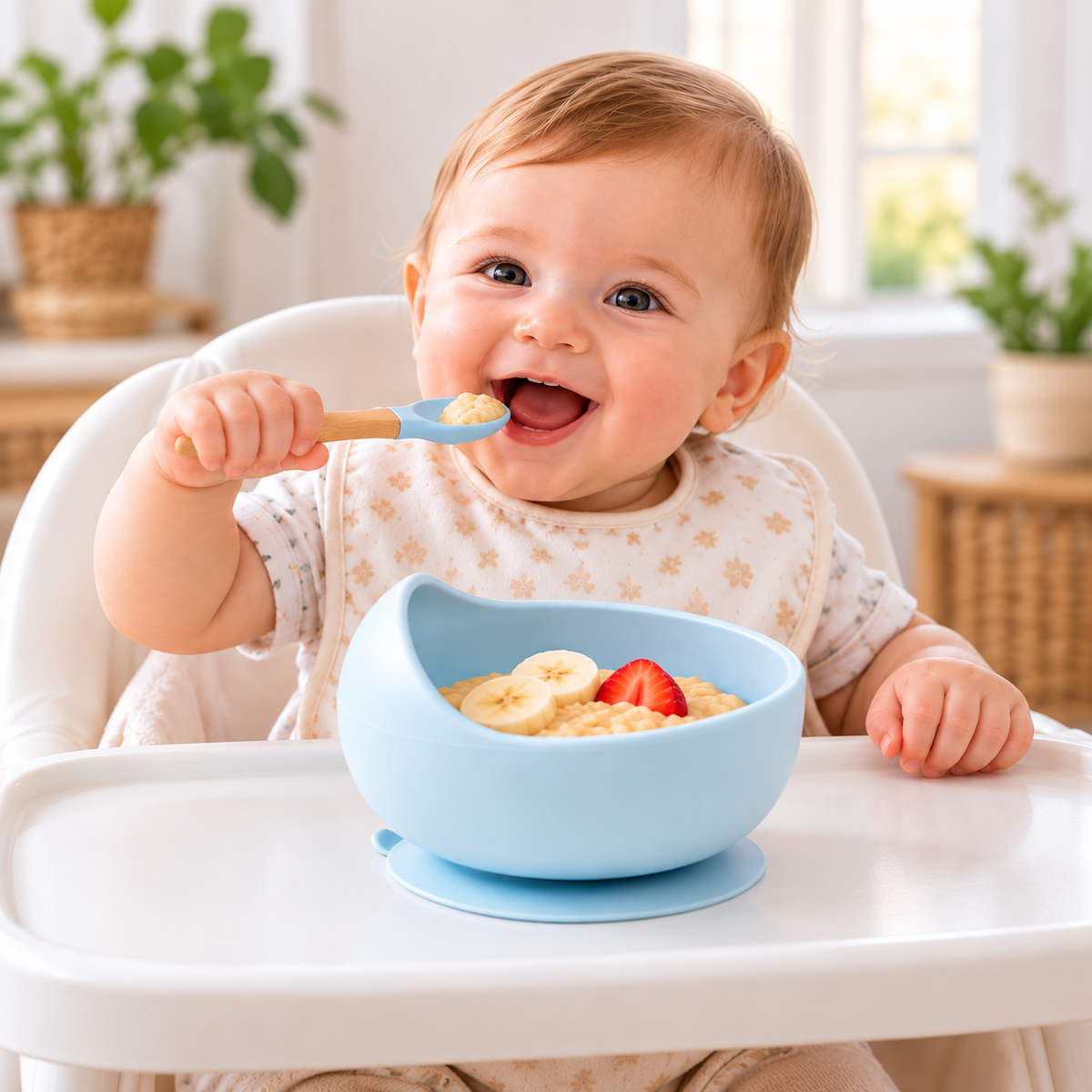 Bébé souriant installé dans sa chaise haute, tenant une cuillère bleue devant son bol en silicone bleu à ventouse rempli de céréales et de fruits.