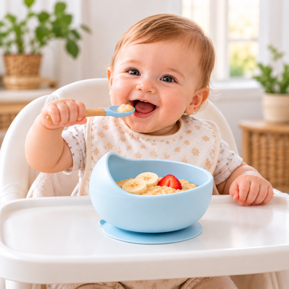 Bébé souriant installé dans sa chaise haute, tenant une cuillère bleue devant son bol en silicone bleu à ventouse rempli de céréales et de fruits.