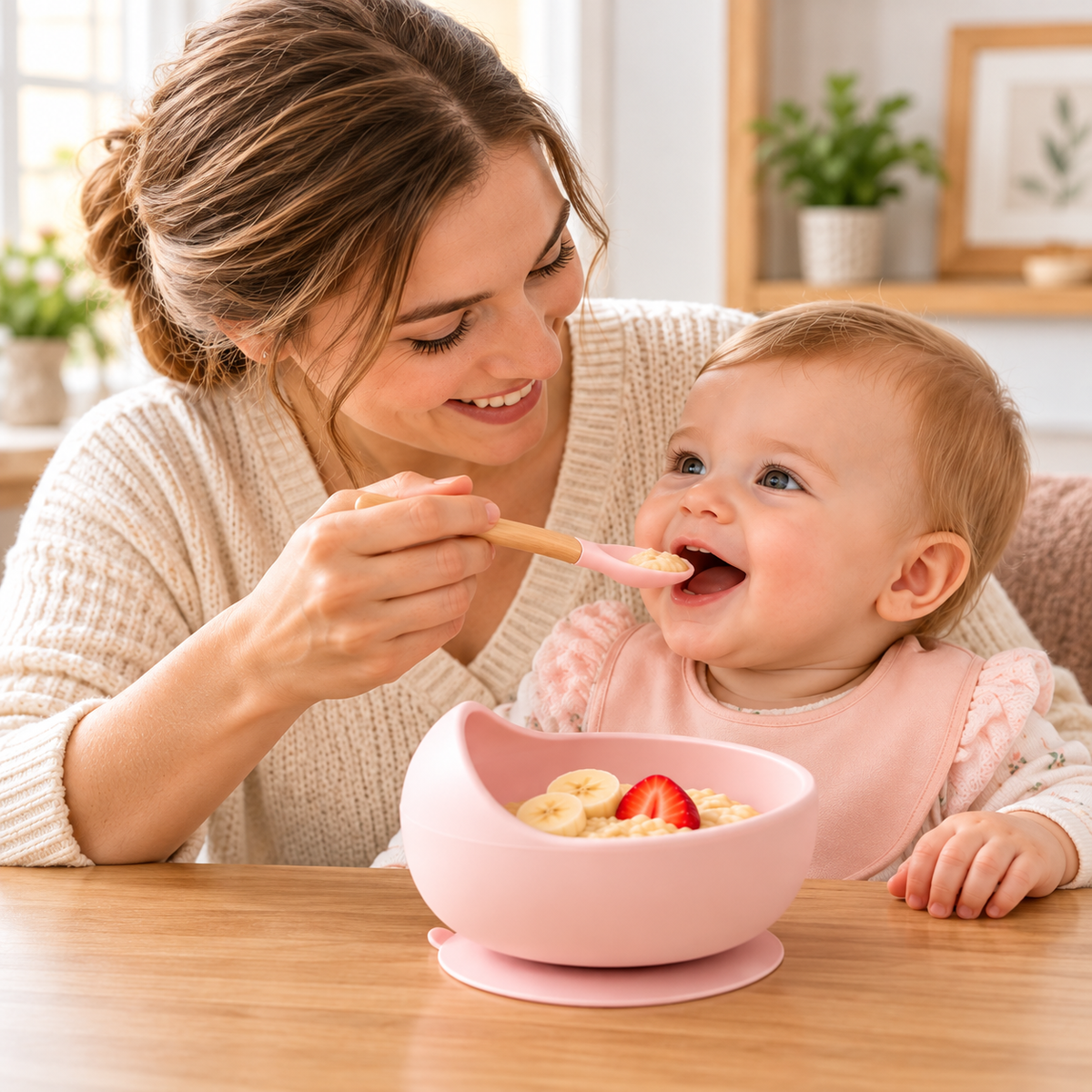 Maman donnant à manger à son bébé avec une cuillère en silicone rose et un bol rose à ventouse posé sur une table en bois.
