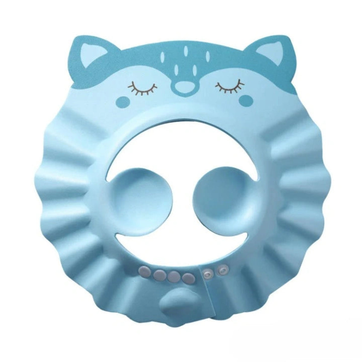 Bonnet de douche bébé bleu motif renard protection eau shampoing yeux oreilles ajustable