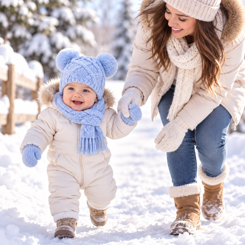 Bébé portant un bonnet bleu en tricot à double pompon lors d’une promenade hivernale avec sa maman