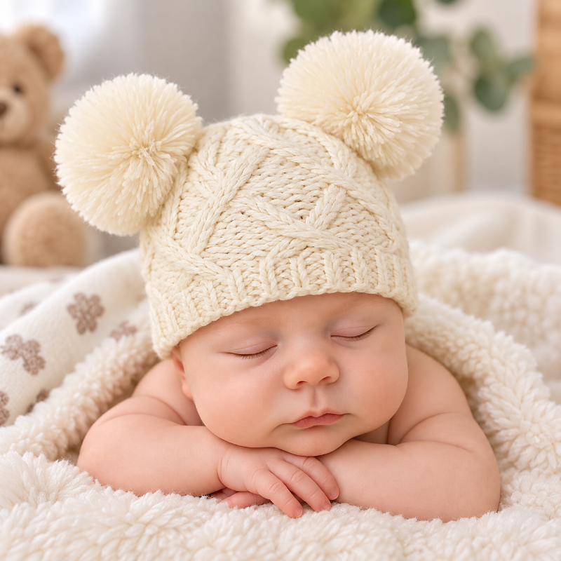 Bébé endormi portant un bonnet crème en tricot à double pompon