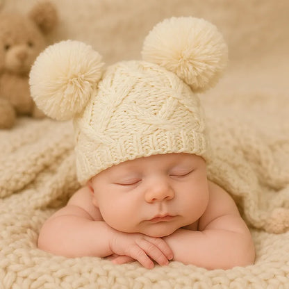 Bébé paisiblement endormi sur une couverture en laine beige clair, bonnet tricoté à pompons, ambiance naturelle