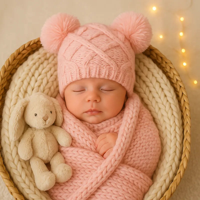 Nouveau-né emmitouflé dans une couverture rose assortie à son bonnet à pompons, photo douce et apaisante