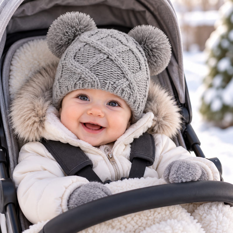 Bébé en poussette portant un bonnet gris en tricot à double pompon en hiver
