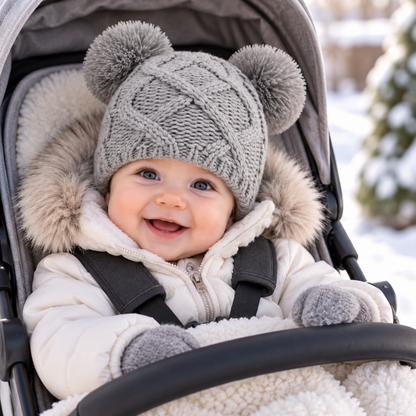 Bébé en poussette portant un bonnet gris en tricot à double pompon en hiver