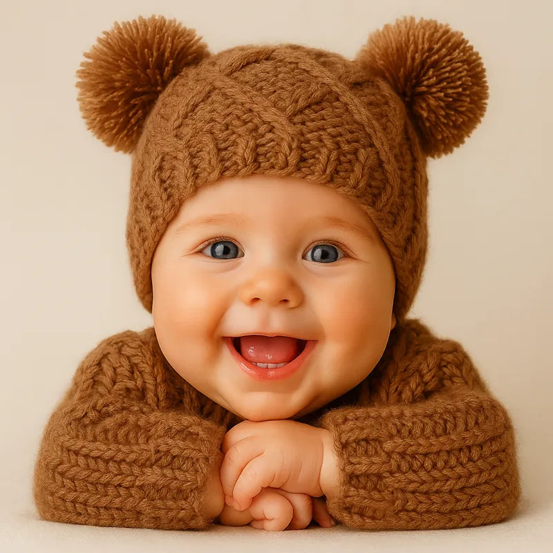 Bébé souriant portant un bonnet marron en tricot avec pompons, photo lumineuse et joyeuse