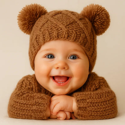 Bébé souriant portant un bonnet marron en tricot avec pompons, photo lumineuse et joyeuse