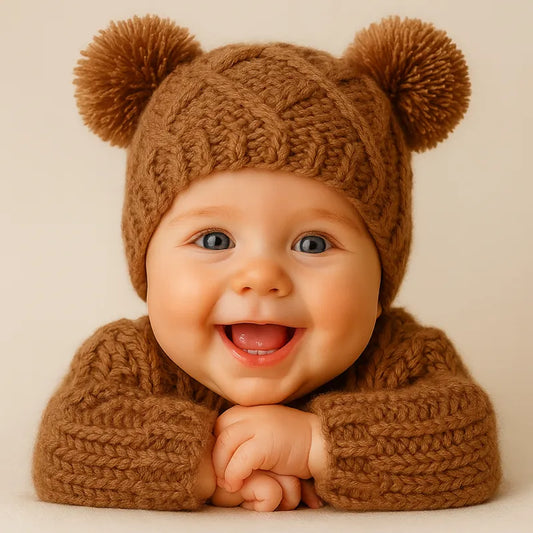 Bébé souriant portant un bonnet marron en tricot avec pompons, photo lumineuse et joyeuse