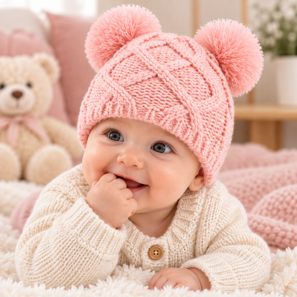 Bébé portant un bonnet rose en tricot à double pompon