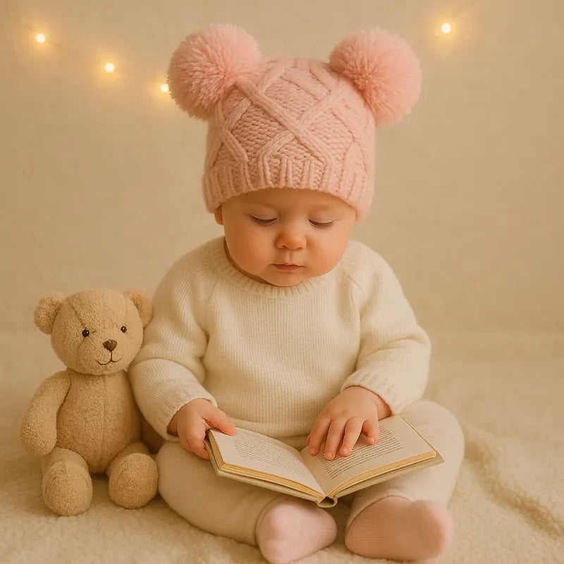 Bébé assis lisant un livre, portant un bonnet rose en tricot à pompons, ambiance tendre et lumineuse