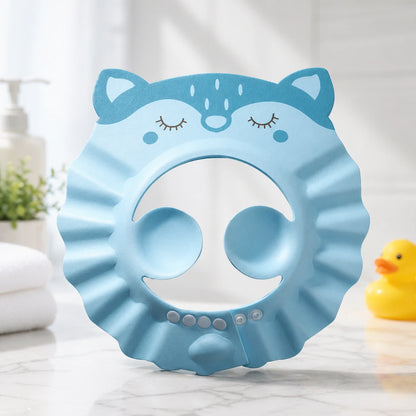 Bonnet de douche bébé bleu en silicone avec protection yeux et oreilles, visière anti-eau ajustable forme animal