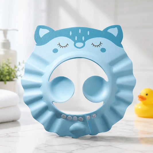 Bonnet de douche bébé bleu en silicone avec protection yeux et oreilles, visière anti-eau ajustable forme animal