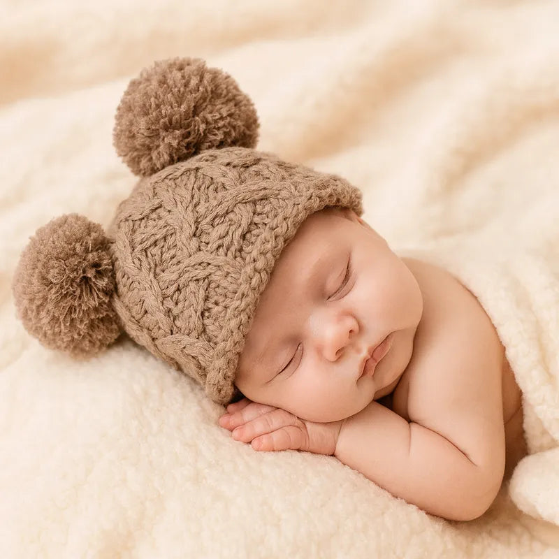 Nouveau-né endormi sur une couverture douce avec bonnet tricoté brun à pompons – bonnet bébé chaud et confortable pour l’hiver