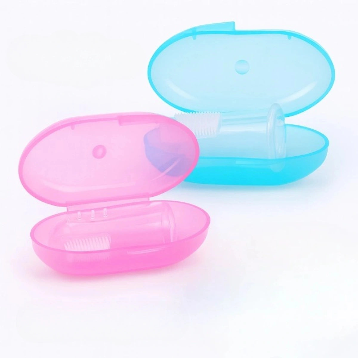 Brosse à dents bébé en silicone bleue et rose avec boîte de rangement