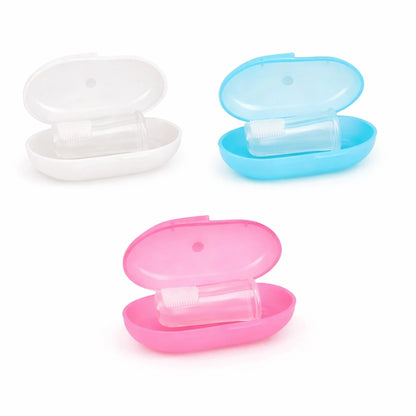brosse a dents bebe silicone avec etui de transport couleurs rose bleu et blanc