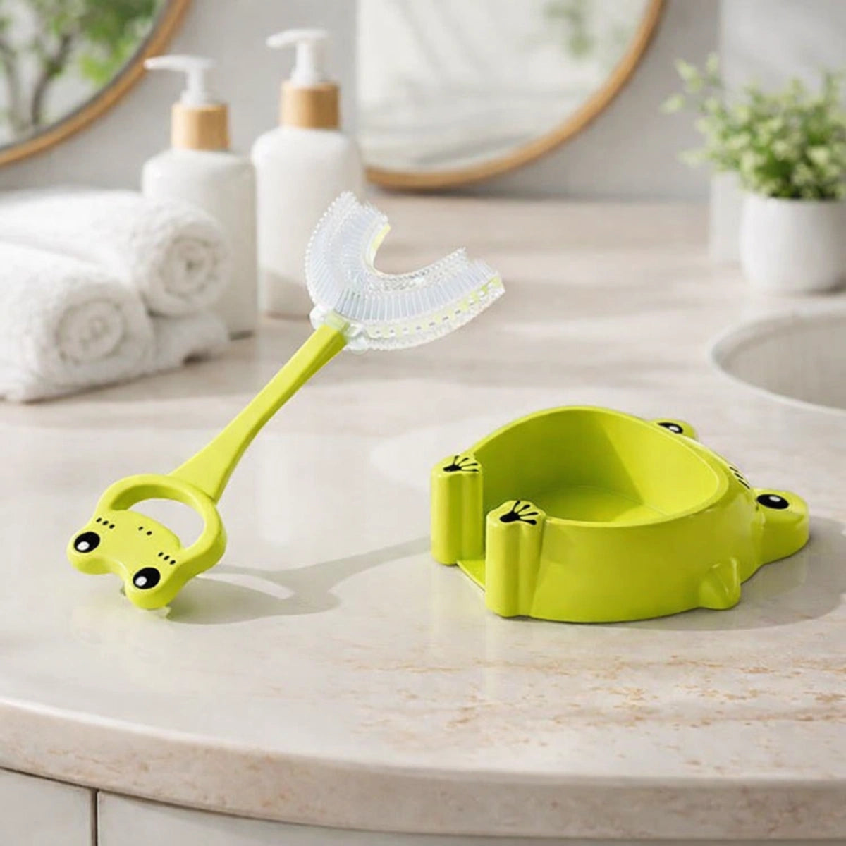 Brosse à dents bébé silicone en forme de grenouille avec contenant