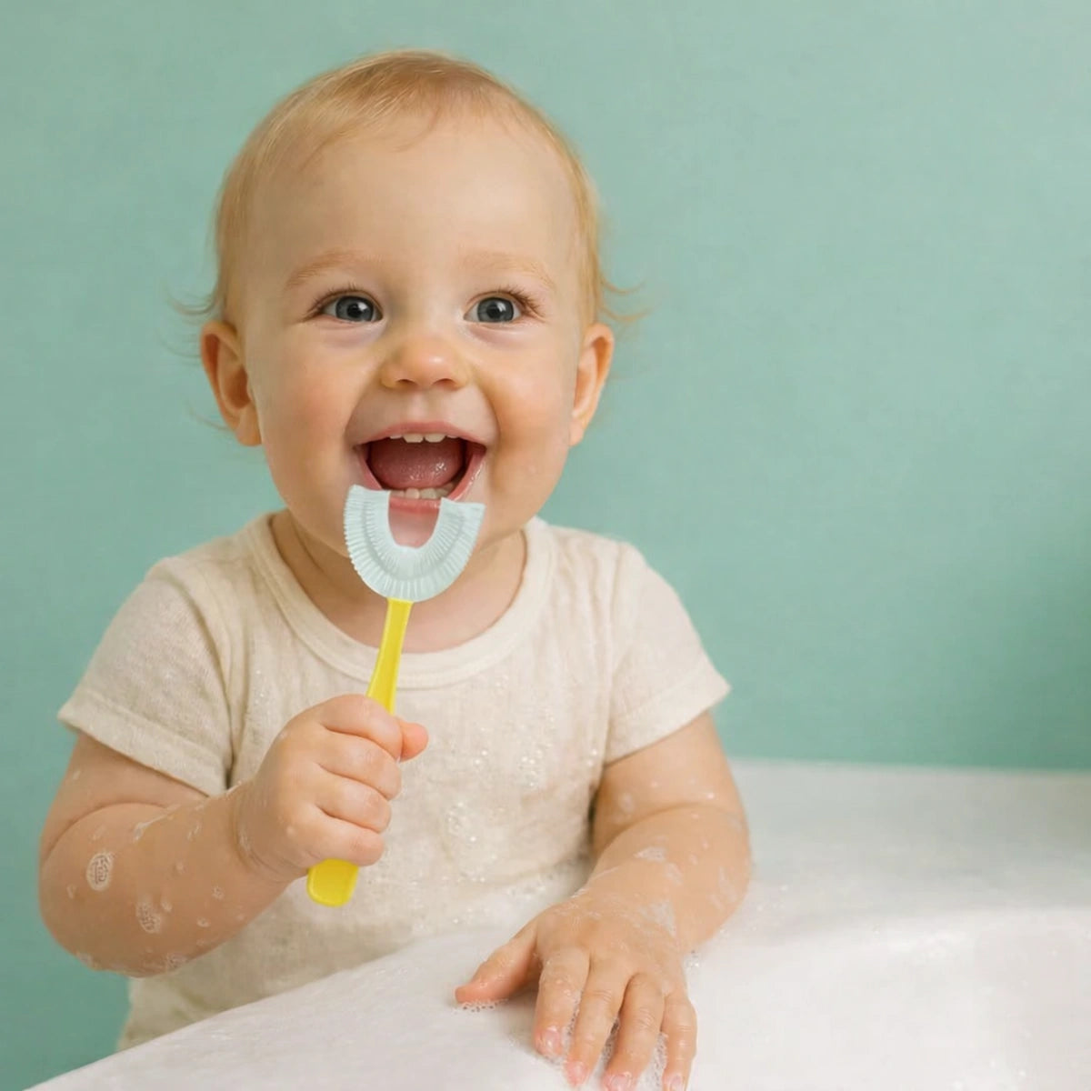 Brosse à dents bébé silicone jaune, apprentissage du brossage en douceur pendant le bain