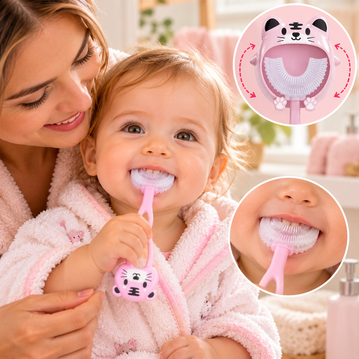 Bébé accompagné de sa maman utilisant une brosse à dents rose en silicone en forme de U avec manche décoré d'un petit chat.