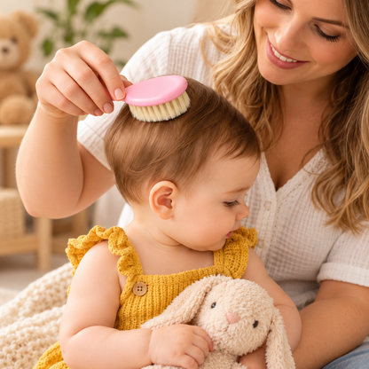 Maman brossant délicatement les cheveux de son bébé avec une brosse douce rose, dans une chambre chaleureuse.
