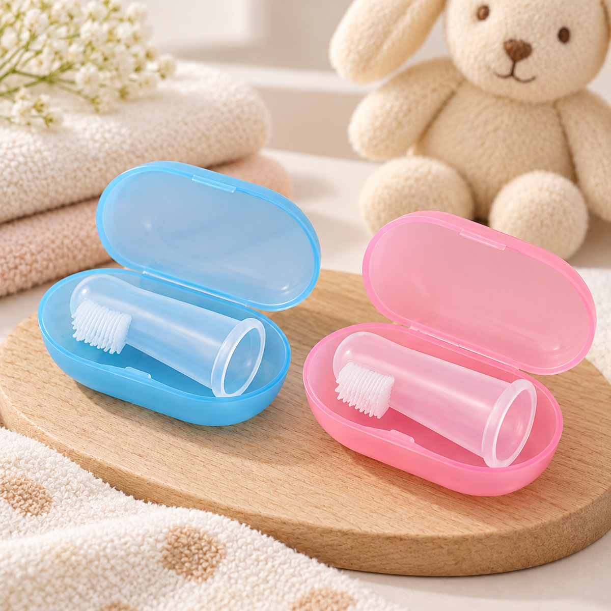 Deux brosses à dents de doigt pour bébé en silicone, présentées dans leurs étuis bleu et rose ouverts, sur un plateau en bois.