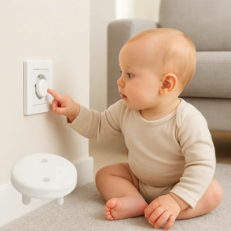 Bébé assis dans le salon pointant une prise équipée d’un cache sécurité blanc