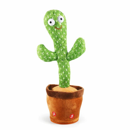 cactus dansant musical parlant pour bébé en peluche verte sur fond blanc, jouet interactif répétiteur vocal