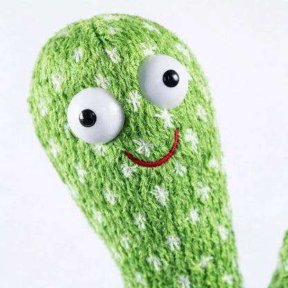 Cactus dansant interactif pour bébé en peluche verte, zoom détail texture douce et visage souriant