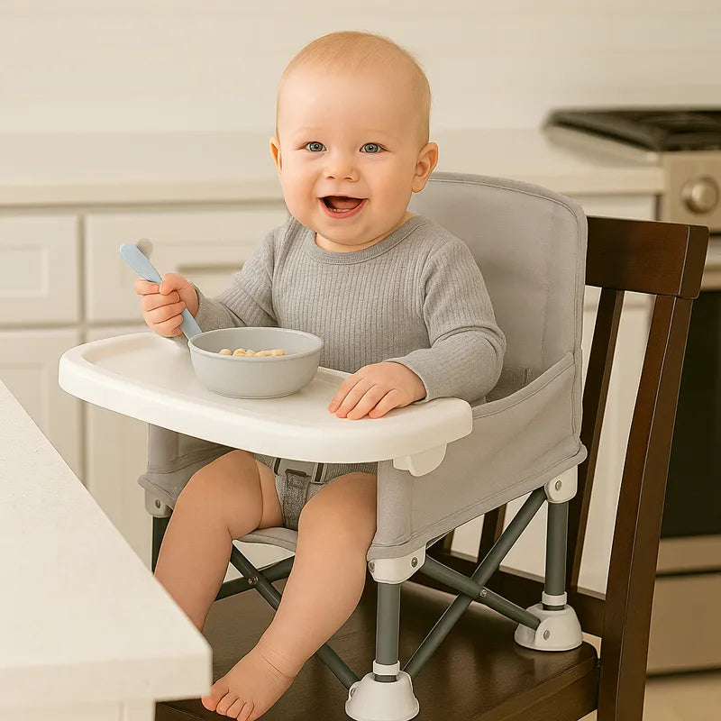 Bébé souriant mangeant dans une chaise de voyage bébé pliable grise installée sur une chaise haute